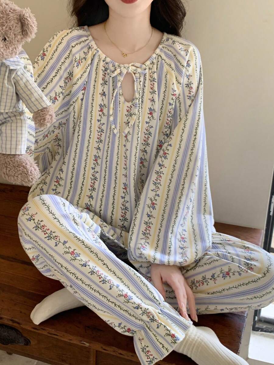 2pcs Women's Pajama Loungewear Set, Romantic Ditsy Floral Neckline Tie Pullover Long Sleeve Pants, All Season - Multicolor - View 1