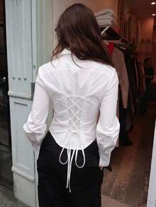 Spring Summer Autumn Minimalist Casual Sexy Elegant Mature Lace-Up Waist-Cinching Lapel Daily Date Valentine's Day Commute Women's Shirt White - White - View 1