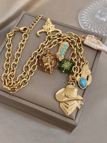 Western Cowboy Stainless Steel Necklace Bracelet For Men Women,Vintage Turquoise Boot Beads Charms Gold Jewelry Set,Party/Christmas/Vacation/Boho - Multicolor - View 4