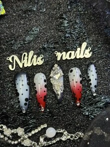 10pcs Handmade Fully Covered Stiletto Nails Press On Nails, Milk White&Black&Red Nails Black Polka Dot Fake Nails,Glossy Dark Grunge Y2K Gothic Reusable,With Jelly Glue&Nail File,Suitable For Daily Festival Cosplay,Cool Girly Manicure Gift - Multicolor - View 7
