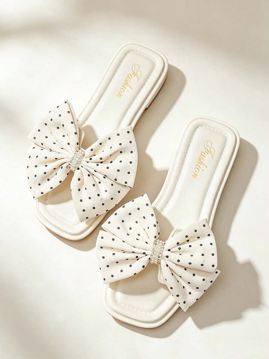 Fashion Square Toe Polka Dot Bow Flat Slides Women Summer New Casual Cross-Border Beach Sandals - White - View 1