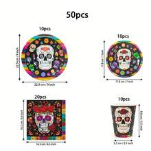 10/20/50Pcs,Day Of The Dead Colorful Sugar Skull Disposable Tableware Including 7Inch & 9Inch Paper Plates,Cups & Napkins With Rainbow Stripe Patterns For Mexican Carnival Parties,Suger Skull Paper - Multicolor - View 10