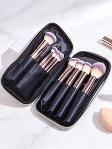 1pc Handheld Makeup Brush Storage Bag, Silver, Double Zipper, Travel Portable, Multi-Compartment, Dust-Proof Makeup Bag (Makeup Brushes Not Included) - Multicolor - View 12