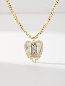 1PC Women's Pendant, 14K Gold Plated Copper Material Inlaid With Zirconia, Double Layer Heart Wing Pink Cloak Virgin Mary Pendant Design Paired With Cuban Chain, Suitable For Daily Commute, Dating, Church Worship, Birthday, Valentine's Day, Christmas, Easter, New Year Gift, Women's Heart Religious Accessory - Yellow Gold - View 3