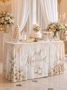 1件象牙色 Just Married 婚禮桌裙，優雅聚酯纖維長方形派對桌布，金色字體、婚戒、白玫瑰與葉子印花，適用甜點桌、蛋糕桌、新娘派對、婚禮接待與慶祝裝飾 - 彩色 - 查看 2