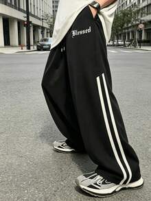 SU ER Men's Summer Casual Drawstring Elastic Waist Loose Draped Lazy Wide Leg Long Pants - Black - View 1