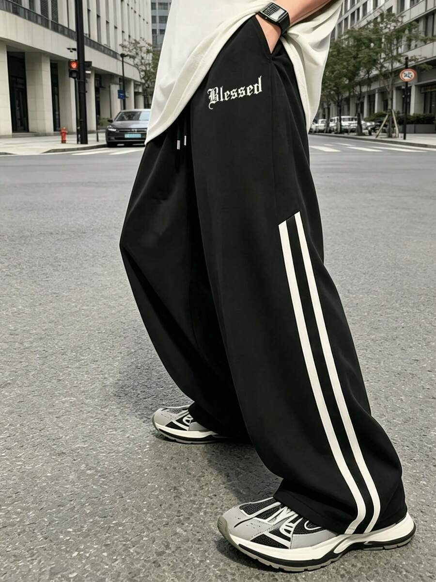 SU ER Men's Summer Casual Drawstring Elastic Waist Loose Draped Lazy Wide Leg Long Pants - Black - View 1