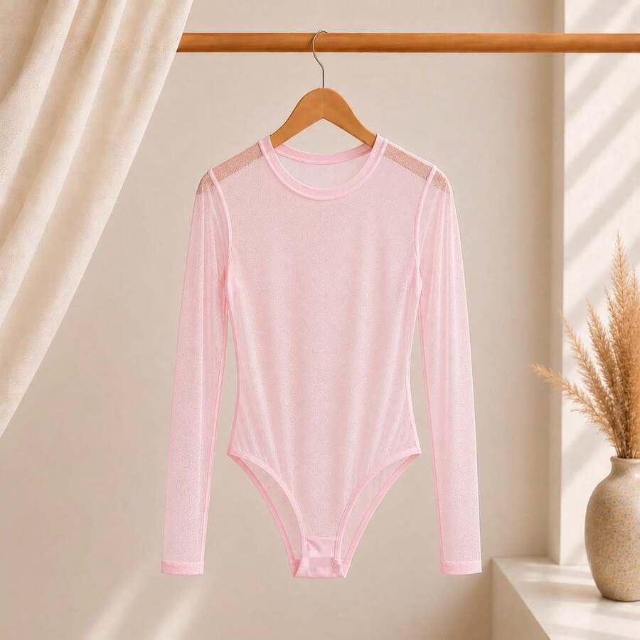 Basic Tulle Bodysuit With Long Sleeves - Fall/Winter 2025 Fashion - Baby Pink - View 1