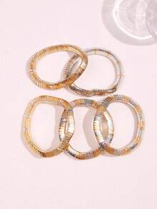 5pcs/Set European And American Style Gold & Silver Elastic Rope Bracelets, Minimalist INS Fashion Bracelet Set, Suitable For Women's Daily Wear - Multicolor - View 4