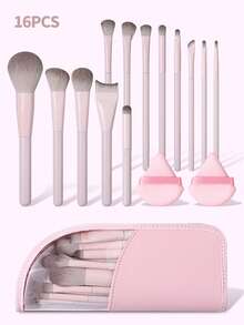 16 Pcs Professional Makeup Brush Set With Powder Puffs & Storage Bag, Foundation Brush, Blush Brush, Eyeshadow Brush, Eyebrow Brush, Contour Brush, Powder Brush, Complete Makeup Tools Kit, Travel Essential - Baby Pink - View 1