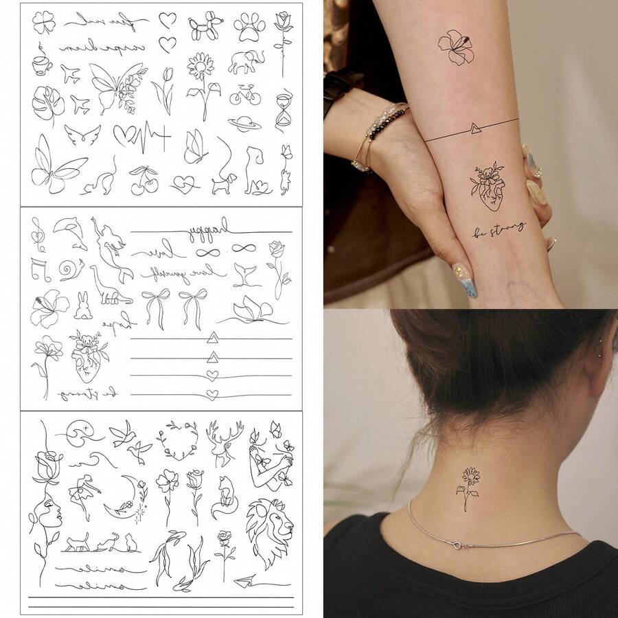 3 Sheets Minimalist Line Drawing Temporary Tattoo Stickers, Dainty Floral Animal Word Text Tiny Fake Tattoos, Waterproof Thin Line Small Body Art Stickers For Wrist Neck Collarbone Women - Black - View 1