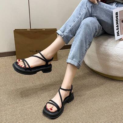 Zapatos Sandalias de Plataforma para Mujer con Banda Elástica en el Tobillo, Sandalias Negras Casual de Suela Gruesa y Punta Abierta para Verano, Playa, Vacaciones y Uso Diario