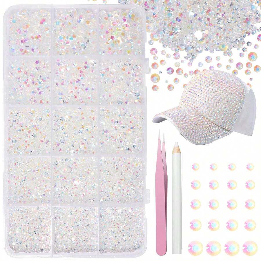 6000pcs Resin Transparent Rhinestones, Flat Back Jelly Rhinestones, Mixed Colors & Sizes Shiny Crystals, With Pickup Tool, Suitable For DIY Crafts, Clothing, Tumblers, Mugs, Shoes, Fabrics - Naked AB - View 1
