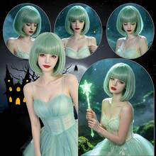 Perruque courte colorée avec frange, pour le port quotidien des femmes, fête de costume d'Halloween, perruque de cosplay anime en cheveux synthétiques lisses, options de dégradé multicolore et de couleur unie (jaune, blanc, marron, vert, or) - Multicolore - Voir 4