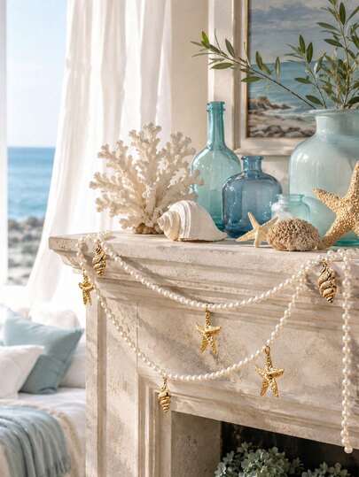 1pc Coastal Style Faux Pearl Starfish Hanging Decor, Beaded Nautical Flag, Faux Shell Pendant Decorative Rope, Coastal Style Home Decor, Nautical Style Fireplace Decor, Summer Beach Theme Room Decor, Living Room Bedroom Window Fireplace Mantel Decoration, Wall Hanging, Wedding Party Decoration, Seaside Theme Event Decor, Holiday Home Decoration