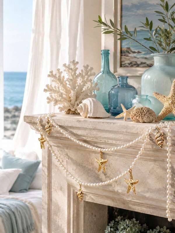 1 pieza Decoración colgante de estilo costero con estrella de mar de perlas falsas, bandera náutica con cuentas, colgante de concha falsa con cuerda decorativa, decoración del hogar de estilo costero, decoración de chimenea de estilo náutico, decoración de habitación con tema de playa de verano, decoración de sala de estar, dormitorio, chimenea, pared colgante, decoración de fiesta de boda, decoración de eventos con tema de playa, decoración del hogar para vacaciones
