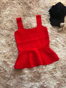 Regata Peplum em Tricô Modal Premium Decote Reto Alças Largas - Vermelho - Visão 2