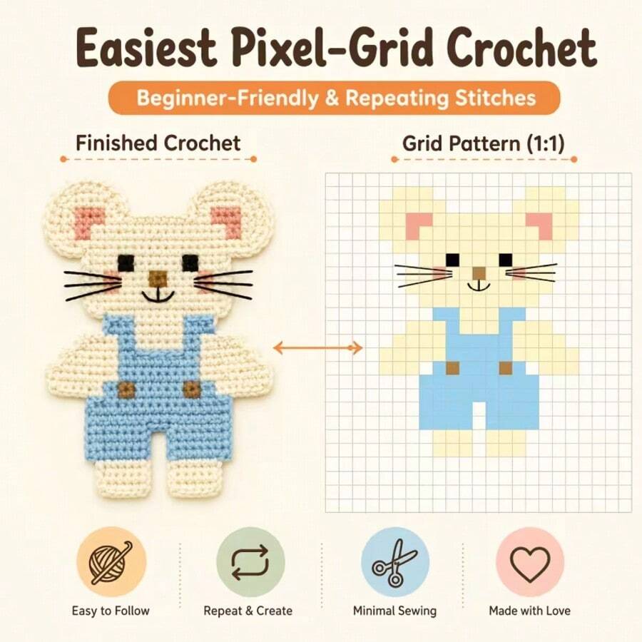 [DIY Pixel Bead Crochet Kit]Blue Overalls Pixel Mouse Crochet Set, Suitable For Adult Beginners, Semi-Finished Handmade Kit With Full Tools (Random Color Accessories) And English Guide, No Bead Template Needed, Crochet Pixel Style, Can Make Keychains - DIY Crochet Kit - View 1