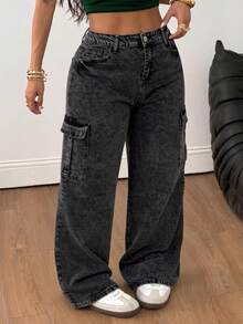 Curvy‑Size Pantalones holgados cargo de cintura alta sin elasticidad, lavado oscuro desgastado, estilo urbano informal para figuras curvy - Negro - Ver 2