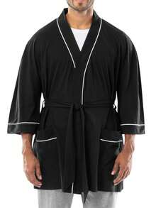 Men's 3/4 Sleeve Pure Black Pocket Comfortable Unisex Robe With Waist Belt - Multicolor - View 5