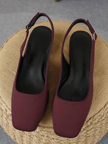 Casual Plain Buckle Office Elegant Low Heel Versatile Sandals - Burgundy - View 3