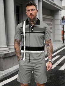 Men's Business/Casual Striped Short Sleeve Polo Shirt And Shorts Set - Light Grey - View 1