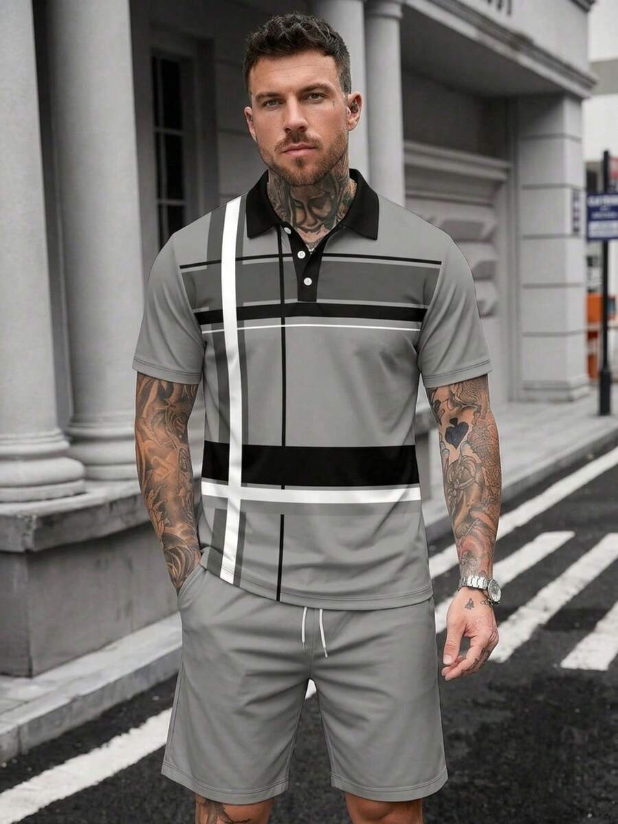 Men's Business/Casual Striped Short Sleeve Polo Shirt And Shorts Set - Light Grey - View 1