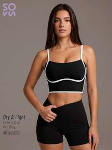 Soyun Nouveau débardeur de yoga blocs de couleurs pour femmes avec coussinets de poitrine intégrés, convient pour le fitness, le tennis, la course, la randonnée, les sports de plein air, noir, été - Noir - Voir 9