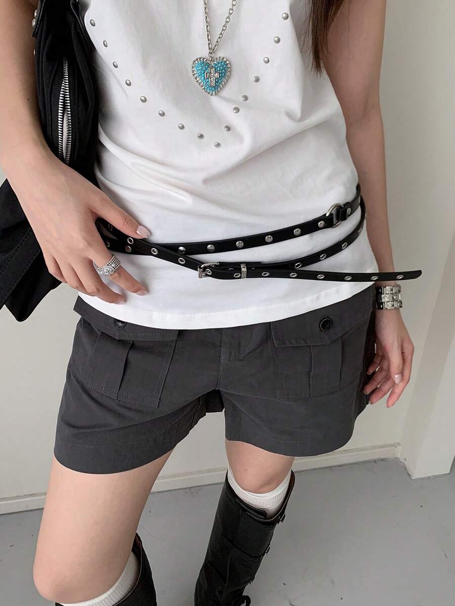 1pc PU Material Street Style Y2K Studded Niche Waist Belt - Black - View 1