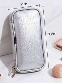 1pc Handheld Makeup Brush Storage Bag, Silver, Double Zipper, Travel Portable, Multi-Compartment, Dust-Proof Makeup Bag (Makeup Brushes Not Included) - Multicolor - View 6