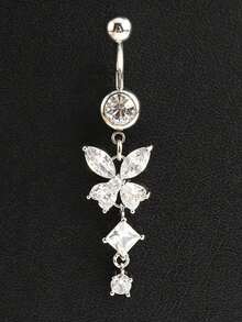 1pc Women's Butterfly Long Tassel Belly Ring, Fashion Shiny Sexy Body Jewelry, Suitable For Vacation, Holiday And Night Out - Silver - View 2