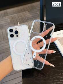 2 piezas Funda magnética para teléfono con estampado de corazón pequeño, TPU a prueba de golpes, cobertura completa, protección precisa, compatible con Apple 11/12/13/14/15/16/17 Pro Max - transparente - Ver 2