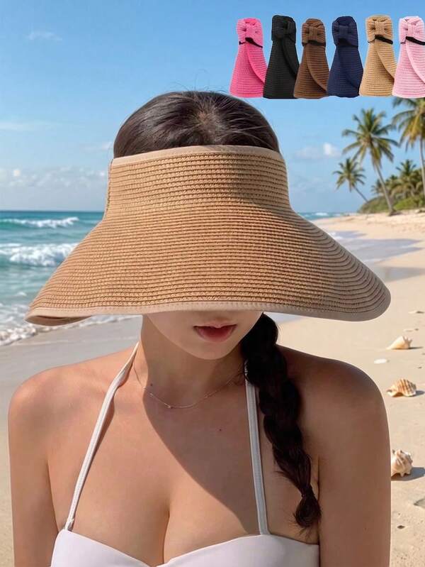 Sombreros de visera plegables con banda de sudor, flexibles y con lazo enrollable, transpirables, sombrero de playa para mujer con ala ancha, sombrero de cubo para exteriores que protege de los rayos UV, sombreros de paja para camping, senderismo, vacaciones, regreso a la escuela, crucero, accesorios esenciales de viaje