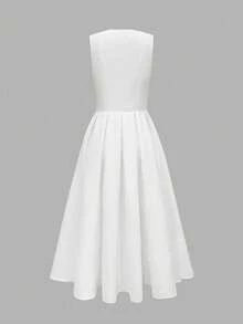 Vuslat Women's Summer Long Minimalist Gentle Vintage Front Button Pleated Maxi Dress, South French Garden Vacation Pure Desire Style Cinched Waist V-Neck White Dress, Suitable For Elegant Party, Office Commute, Garden, Party Gathering, Graduation Ceremony, Wedding Guest Outfit, Holiday, Evening Banquet, Independence Day, Birthday Party, Back To School Season - White - View 9