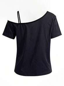 Women One-Shoulder Short-Sleeve T-Shirt, Whale Shark, Marine Life Print Fashion Top, Slanted One-Shoulder Strap, Rock Concert Outfit - 黑色2 - 查看 2