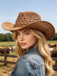 1pc Women's Hollow Woven Straw Hat, Western Cowboy Style, Breathable And Sun-Protective, With Built-In Drawstring Windproof Rope, Suitable For Beach Vacation And Daily Outings - Color - View 2