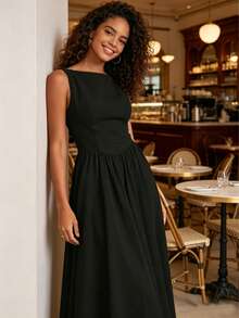 Women Sleeveless Round Neck High Waist Slim Backless Zipper A-Line Maxi Dress - 黑色 - 查看 1