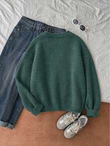 Sweater Rajut Wanita Ukuran Besar, Motif Kelinci, Lengan Panjang, Kerah Bulat, Potongan Reguler, Pilihan Ideal untuk Musim Gugur - Hijau - View 3
