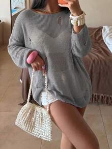 Autumn New Loose Hollow-Out Distressed Slouchy Long Sleeve Air Conditioning Shirt Sun Protection Top - Grey - View 2