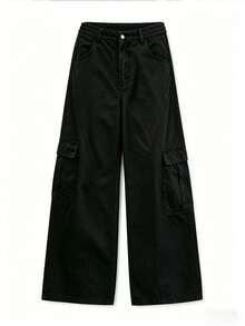 Men's Spring/Autumn Casual Fashion Straight Leg Cargo Pants With Side Pockets And Button Closure For Outdoor Wear - Black - View 2