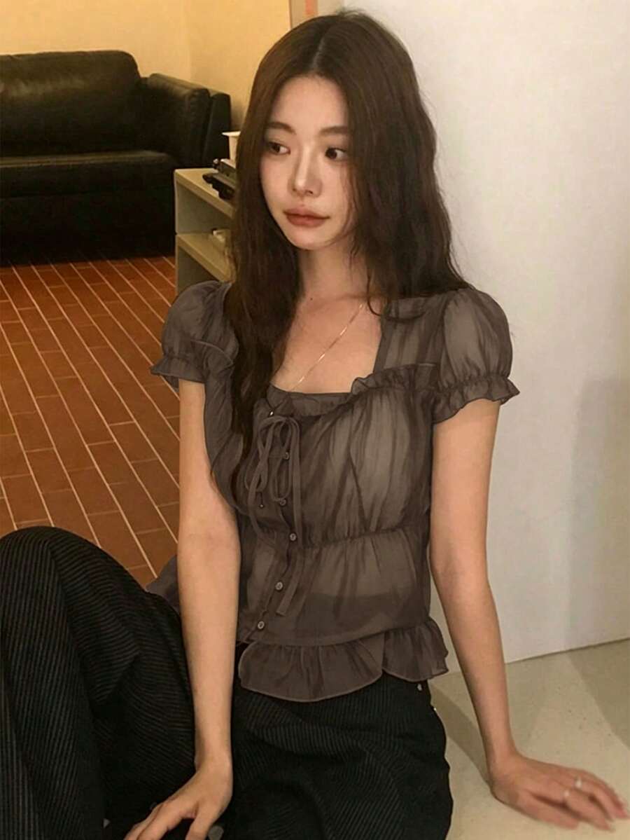 韓式夏季法式甜美青春溫柔風 荷葉邊飾抽褶腰短袖雪紡上衣 - 棕色 - 查看 1