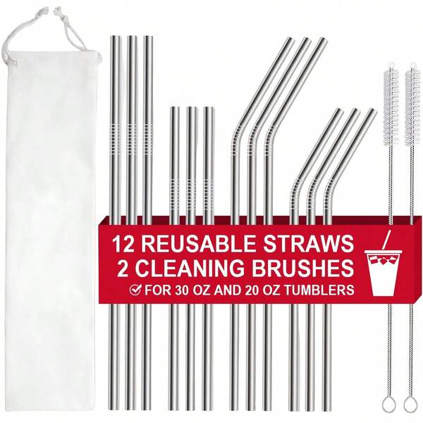 12pcs Stainless Steel Straw Set, Reusable Short Drinking Straws, 6 Straight Straws + 6 Curved Straws + 2 Cleaning Brushes + 1 Portable Storage Box, Suitable For Bubble Tea, Pearls, Milkshake, Smoothie, Cocktail, Coffee Cup