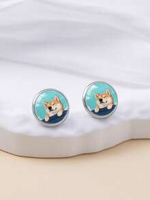 1 Pair Soft Cute Healing Style Blue Sky Shiba Inu Pattern With 316 Stainless Steel Round Stud Earrings Suitable For Women's Daily Wear - Turquoise - View 4