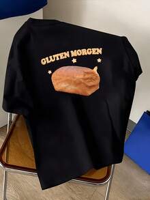 Schwarzes Baumwoll-T-Shirt mit Gluten Morgen Katzen-, Brot- und Sterndruck, lustiges und modisches Grafik-T-Shirt für Freizeitkleidung, Partys, Veranstaltungen, Sommer und Herbst, Unisex-Erwachsenengröße, perfe - Schwarz - Übersicht 7