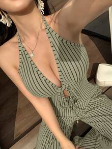 abyoxi 女款綠黑條紋深V領背心上衣搭配高腰寬腿長褲兩件套，休閒通勤、復古性感、日常出遊、約會、情人節、海灘度假夏季短上衣長褲套裝 - 橄欖綠 - 查看 3