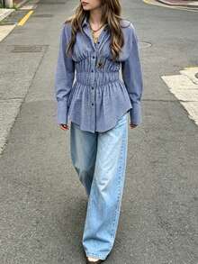 Women's Elegant Commute Street Casual Plaid Checkered Shirt Blouse, Elastic Waist Gathered Design, Shirt Collar Front Button Placket, Long Sleeve, Perfect For Spring And Autumn Outfits And Daily Casual Workplace Commute Wear - Blue - View 7