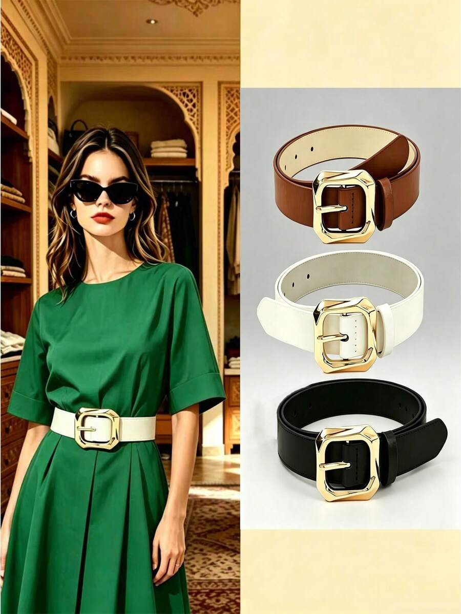 3pcs Women's Fashion Buckle Belts, Daily Commute Street Style Waist Belts - 3pcs (black + Camel + Khaki) - View 1