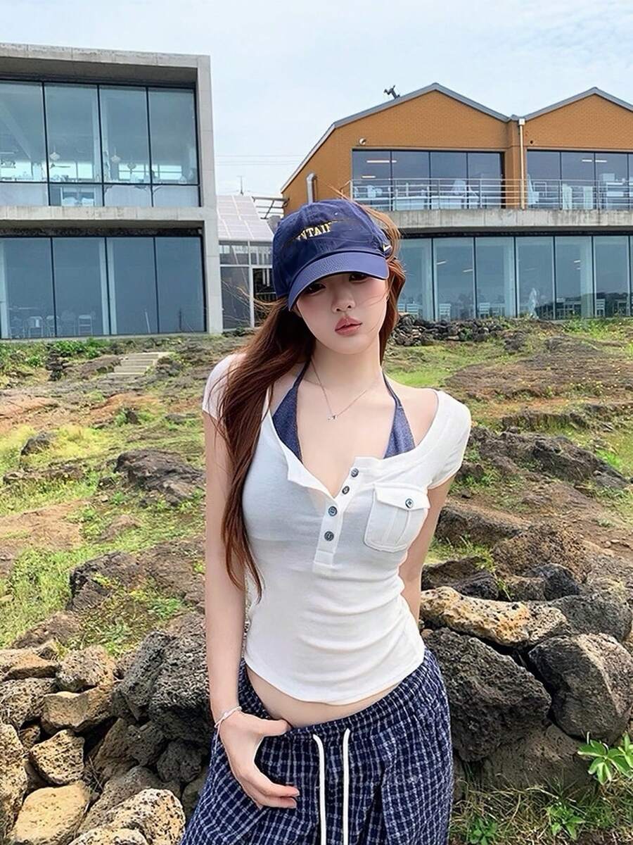 Slouchy Style Square Neck Short Sleeve T-Shirt Summer Women's Top White - White - View 1