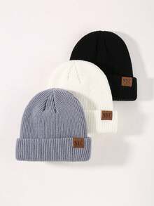 3pcs NYC Unisex Topi Beanie Rajut Musim Dingin dengan Patch Kulit untuk Pria dan Pakaian Luar Ruangan - MultiWarna - View 2