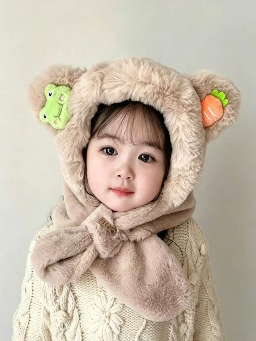 Autumn/Winter Kids Unisex One-Piece Bear Shaped Plush Hat With Scarf - Multicolor - View 1
